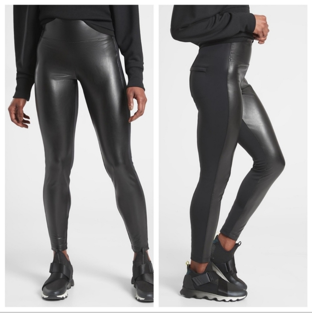 Athleta Sz M Black Delancey Shine Tights Skinny High Rise Zip Pockets Pull On